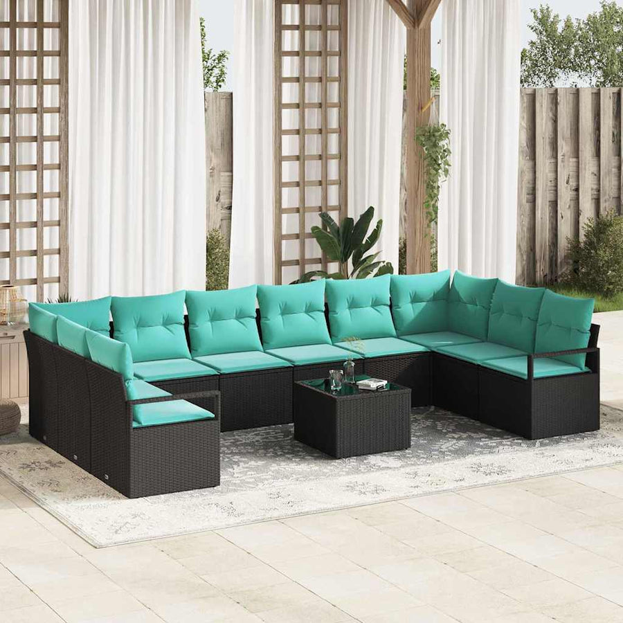 Bankstel met kussen 11 pcs Zwart poly rattan