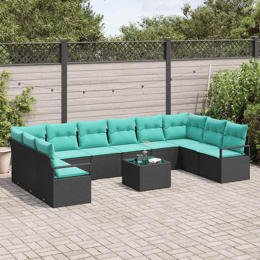 Bankstel met kussen 11 pcs Zwart poly rattan