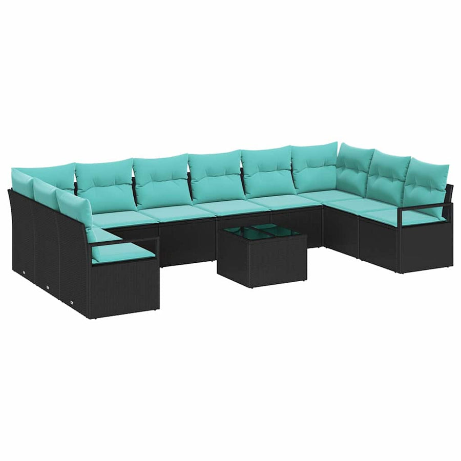 Bankstel met kussen 11 pcs Zwart poly rattan