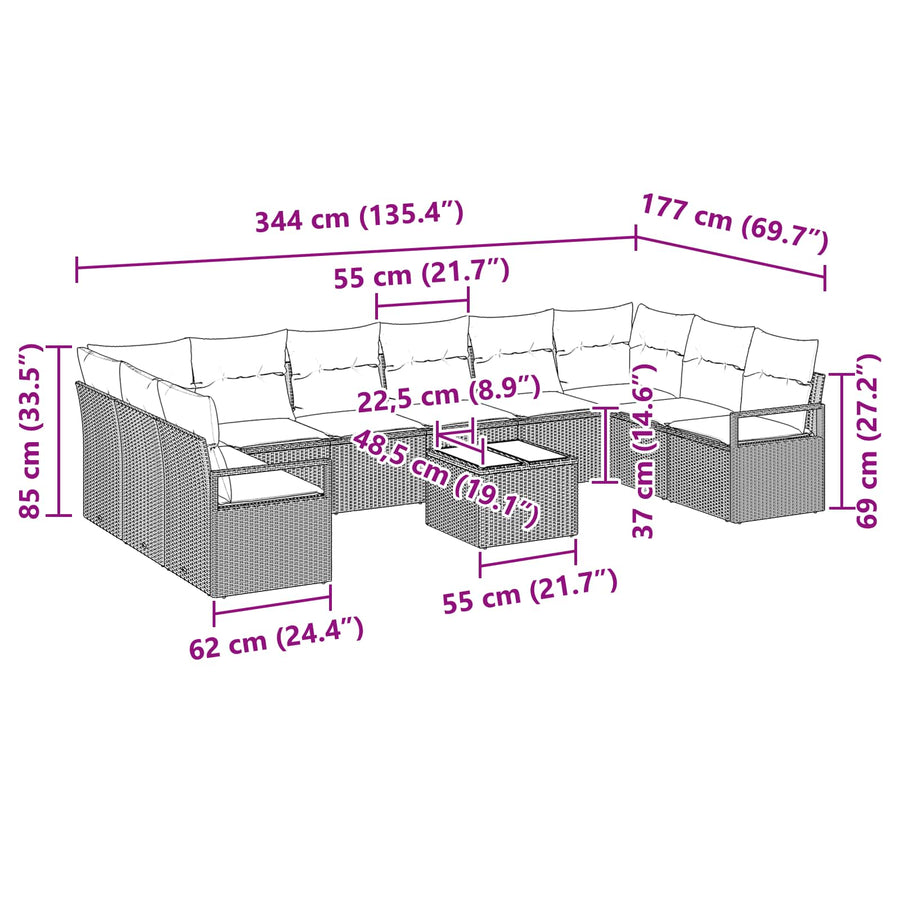 Bankstel met kussen 11 pcs Zwart poly rattan