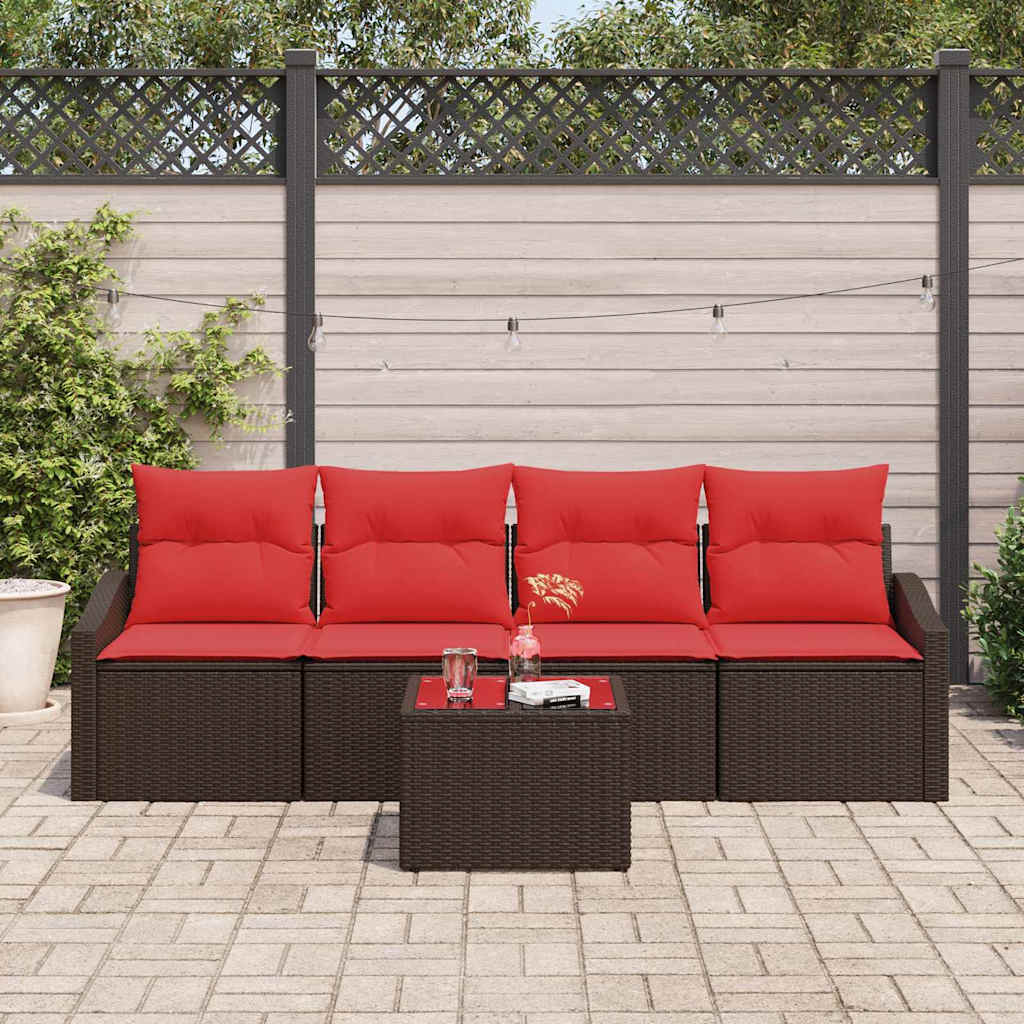 Bankstel 5 st 3-Aantal zitplaatsen Bruin en Rood poly rattan