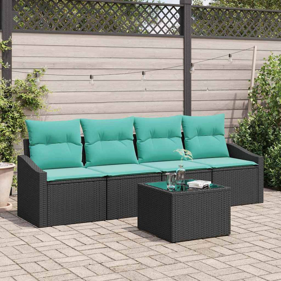 Bankstel met kussen 5 pcs Zwart en Turquoise poly rattan