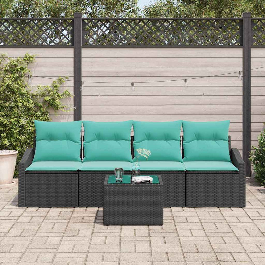 Bankstel met kussen 5 pcs Zwart en Turquoise poly rattan