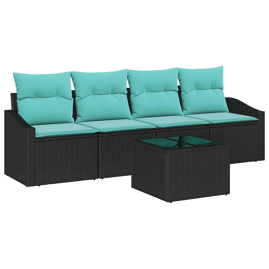 Bankstel met kussen 5 pcs Zwart en Turquoise poly rattan