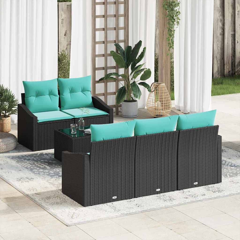 Bankstel met kussen 6 pcs Zwart en Turquoise poly rattan