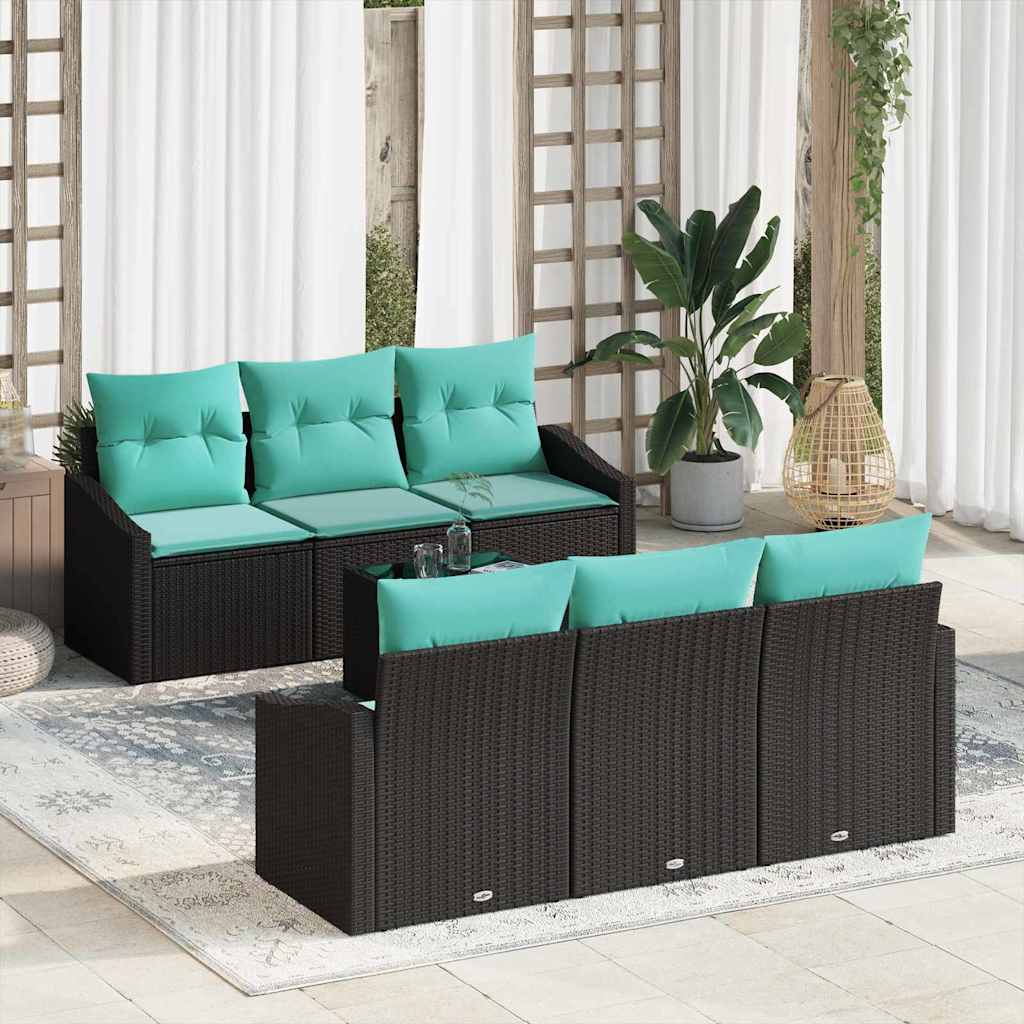 Bankstel met kussen 7 pcs Zwart en Turquoise poly rattan