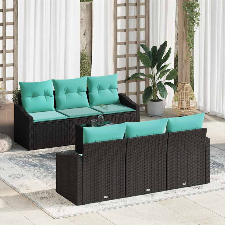 Bankstel met kussen 7 pcs Zwart en Turquoise poly rattan