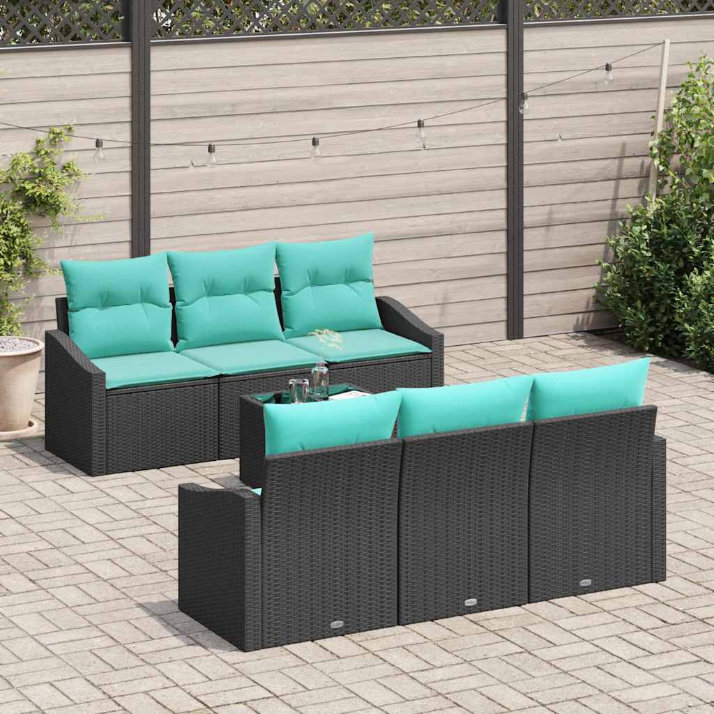 Bankstel met kussen 7 pcs Zwart en Turquoise poly rattan