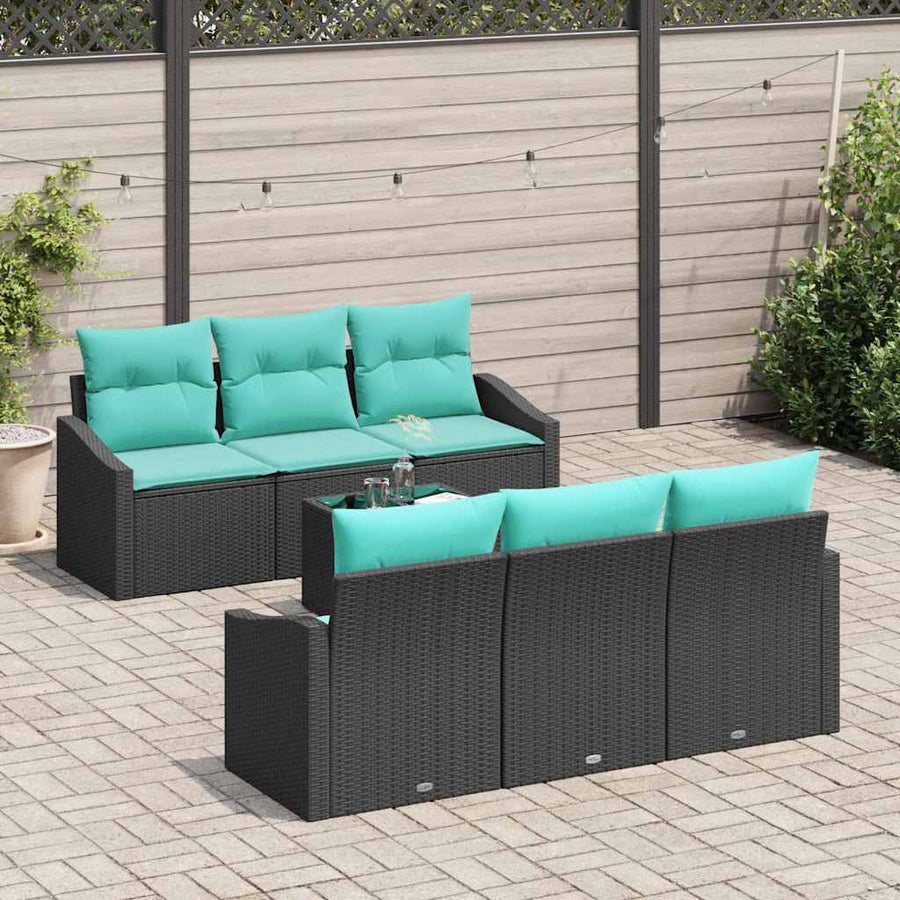 Bankstel met kussen 7 pcs Zwart en Turquoise poly rattan