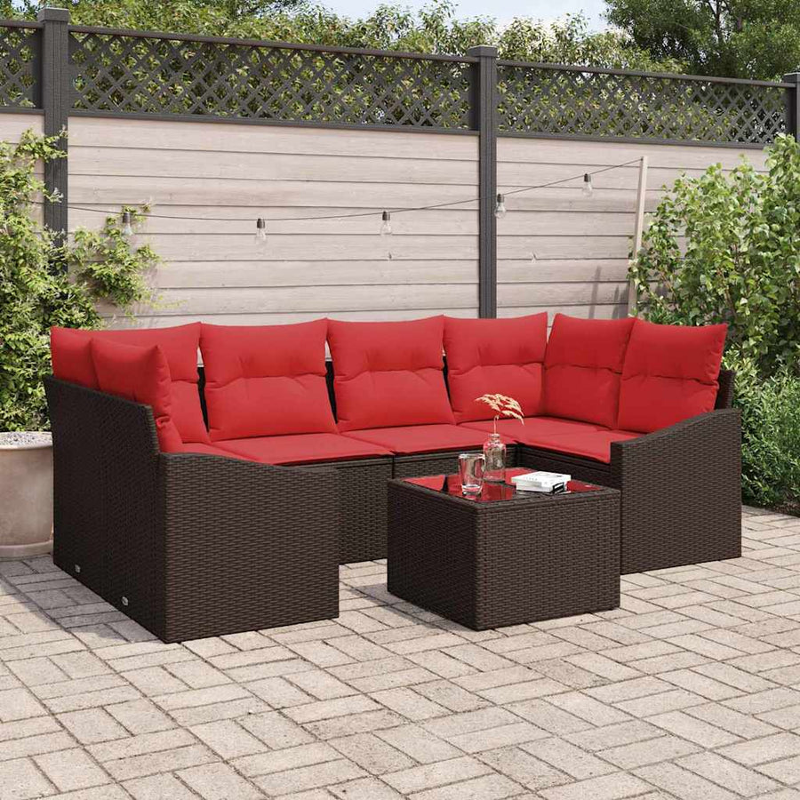 Bankstel 7 st 3-Aantal zitplaatsen Bruin en Rood poly rattan