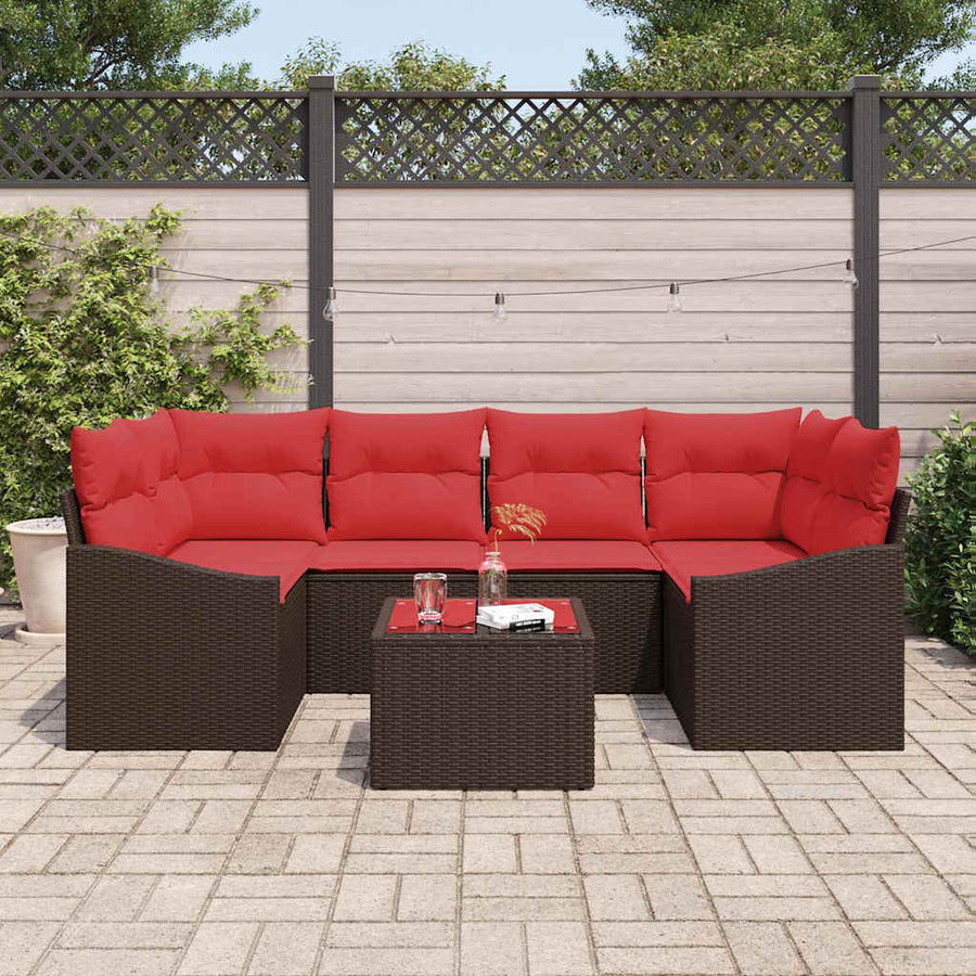 Bankstel 7 st 3-Aantal zitplaatsen Bruin en Rood poly rattan