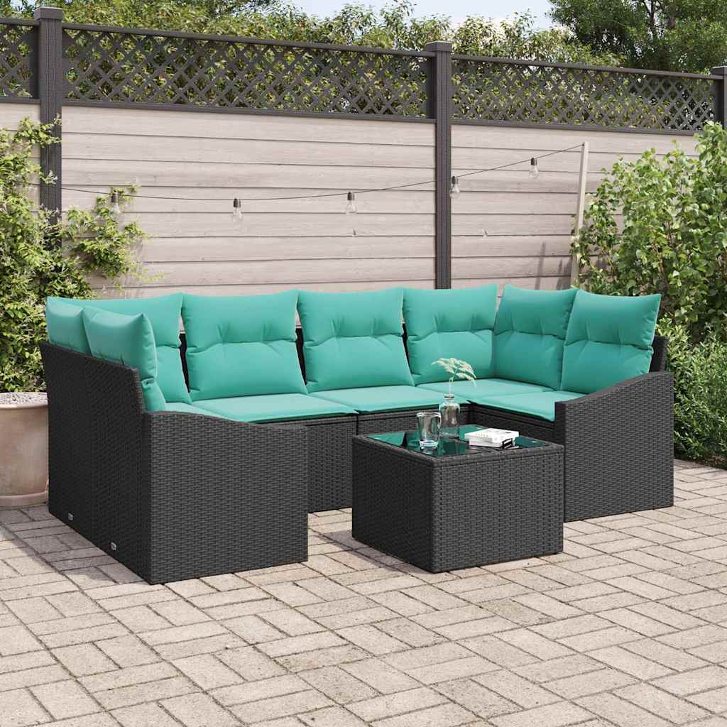Bankstel met kussen 7 pcs Zwart en Turquoise poly rattan