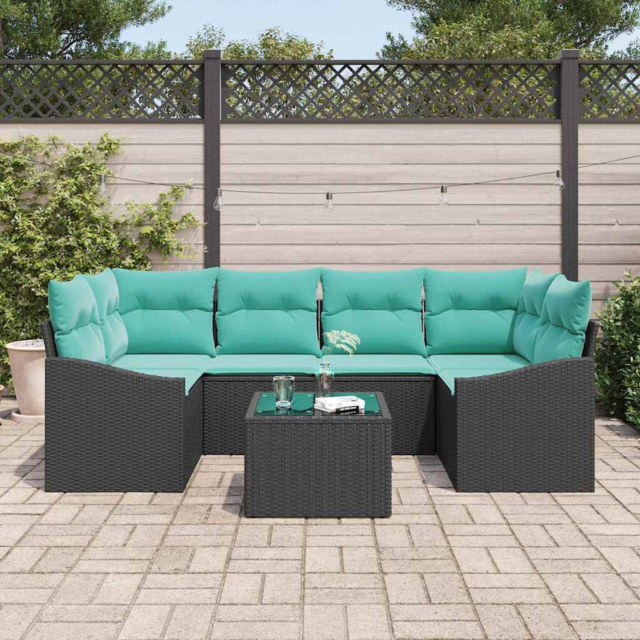 Bankstel met kussen 7 pcs Zwart en Turquoise poly rattan