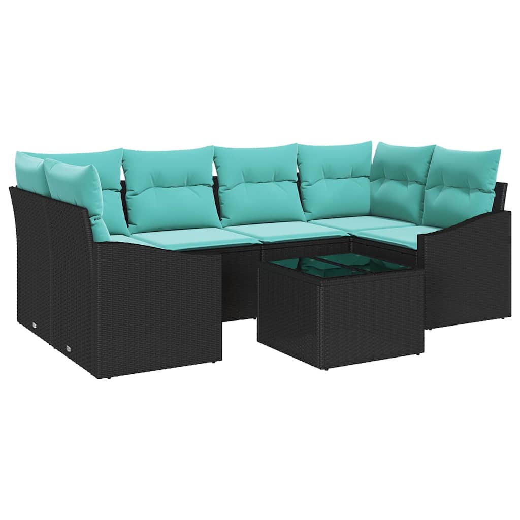 Bankstel met kussen 7 pcs Zwart en Turquoise poly rattan