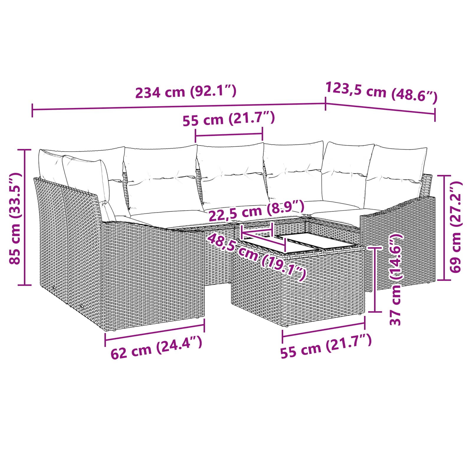 Bankstel met kussen 7 pcs Zwart en Turquoise poly rattan