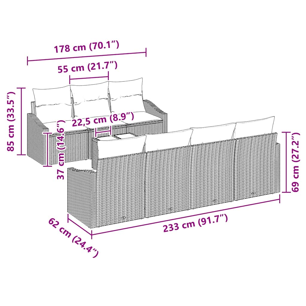 Bankstel met kussen met kussen 8 pcs Beige en Crème poly rattan