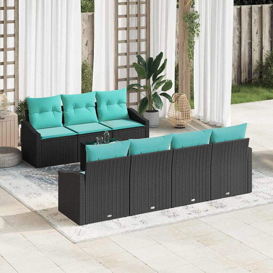 Bankstel met kussen 8 pcs Zwart en Turquoise poly rattan