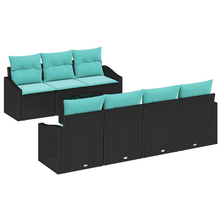 Bankstel met kussen 8 pcs Zwart en Turquoise poly rattan