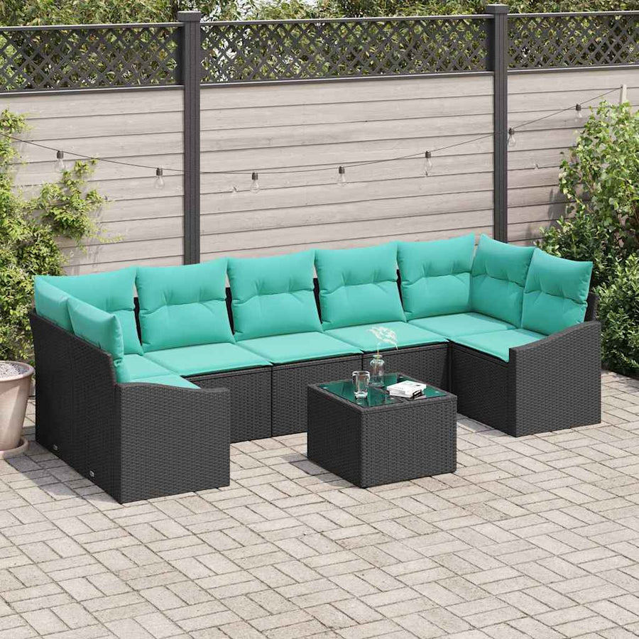 Bankstel met kussen 8 pcs Zwart en Turquoise poly rattan