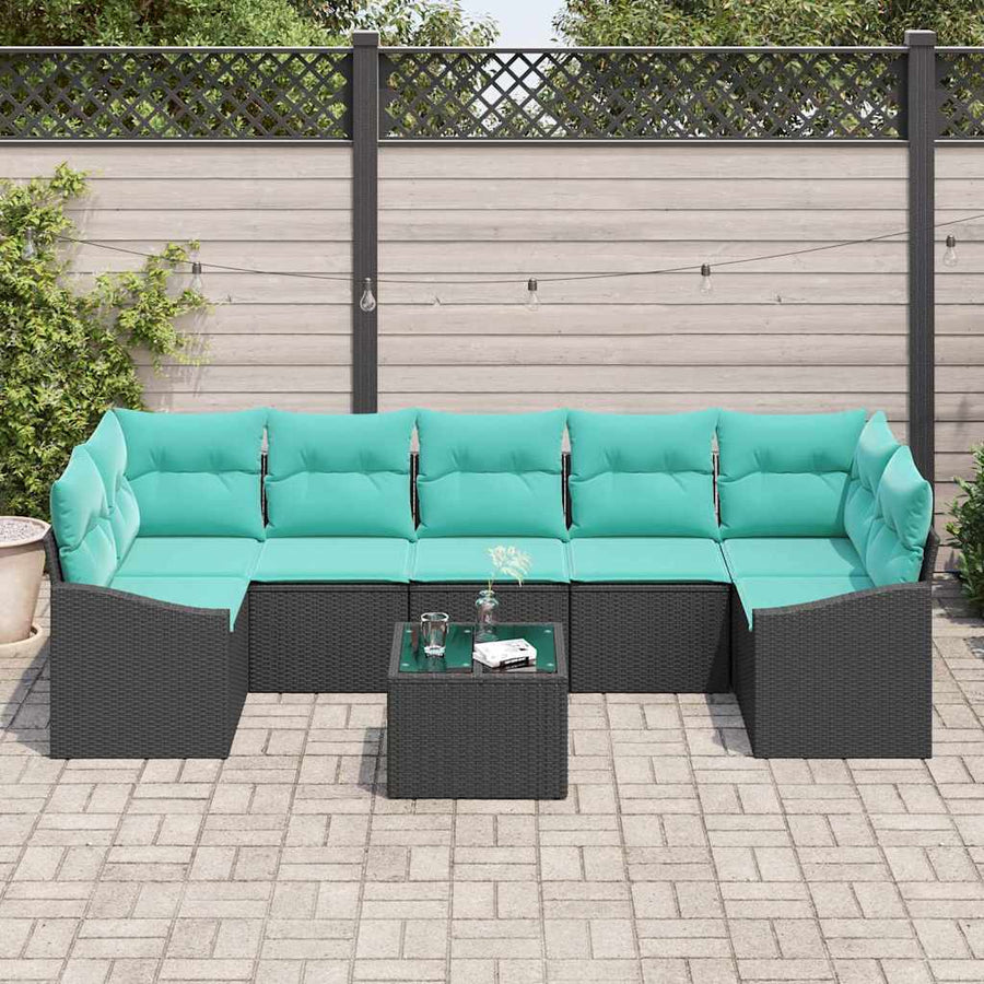 Bankstel met kussen 8 pcs Zwart en Turquoise poly rattan