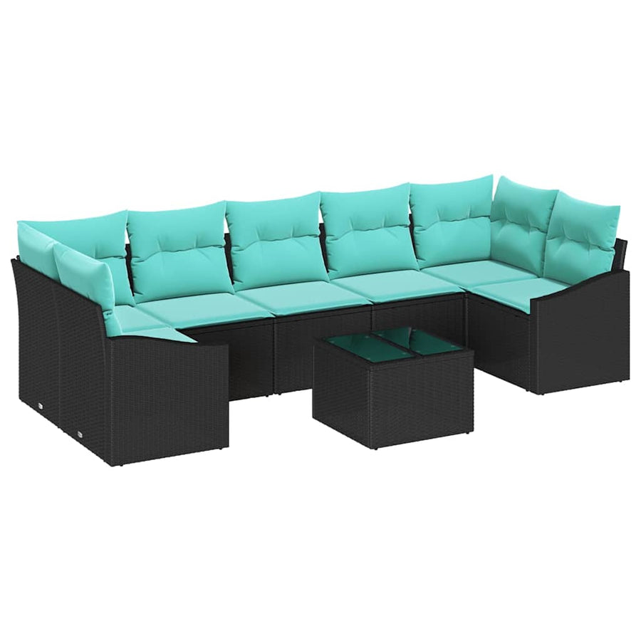 Bankstel met kussen 8 pcs Zwart en Turquoise poly rattan