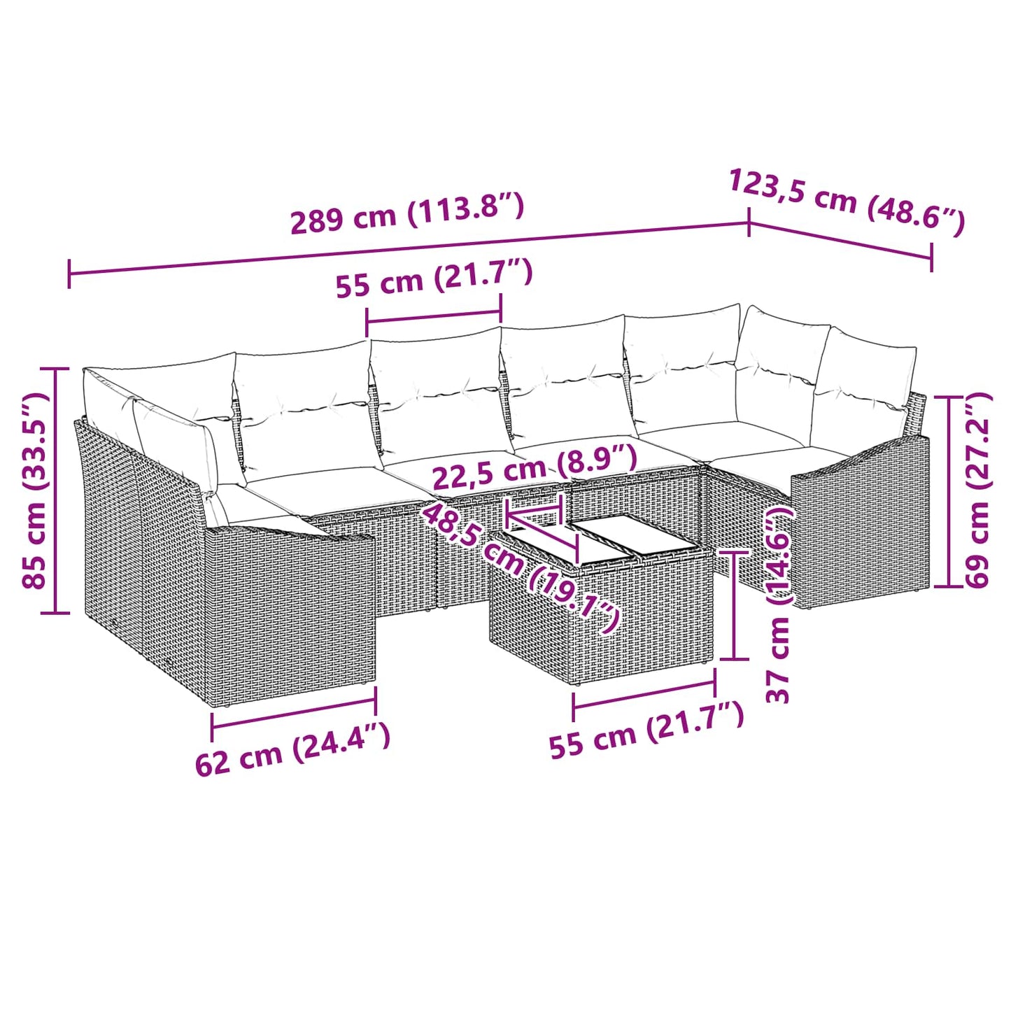Bankstel met kussen 8 pcs Zwart en Turquoise poly rattan