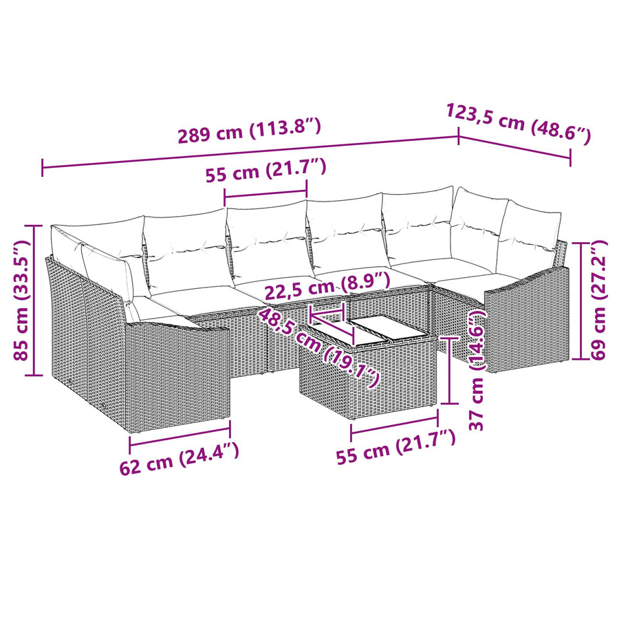 Bankstel met kussen 8 pcs Zwart en Turquoise poly rattan