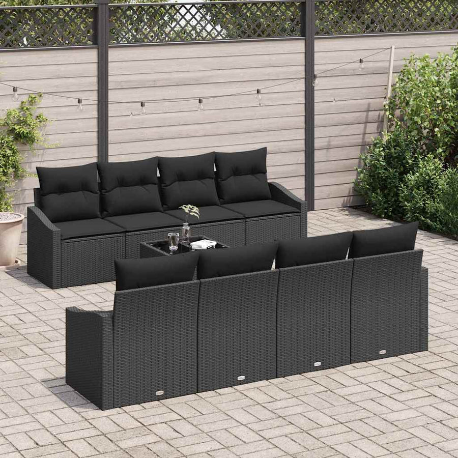 Bankstel met kussen met kussen 9 pcs Zwart poly rattan