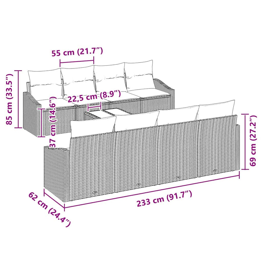 Bankstel met kussen met kussen 9 pcs Zwart poly rattan