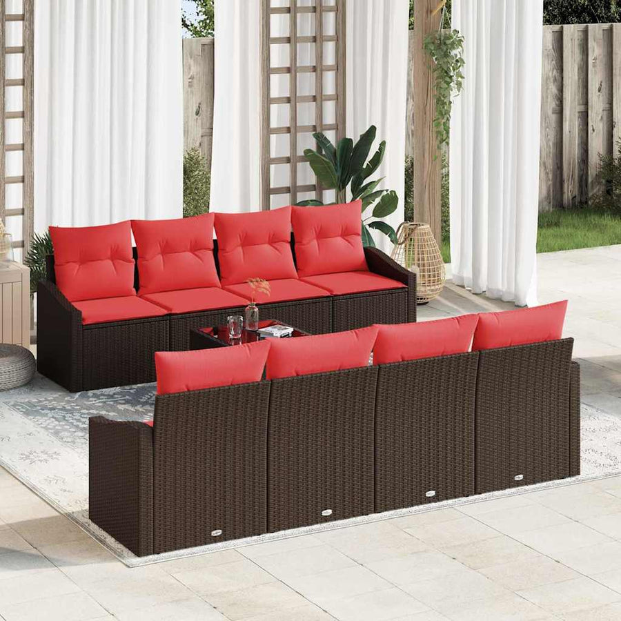 Bankstel 9 st 3-Aantal zitplaatsen Bruin en Rood poly rattan