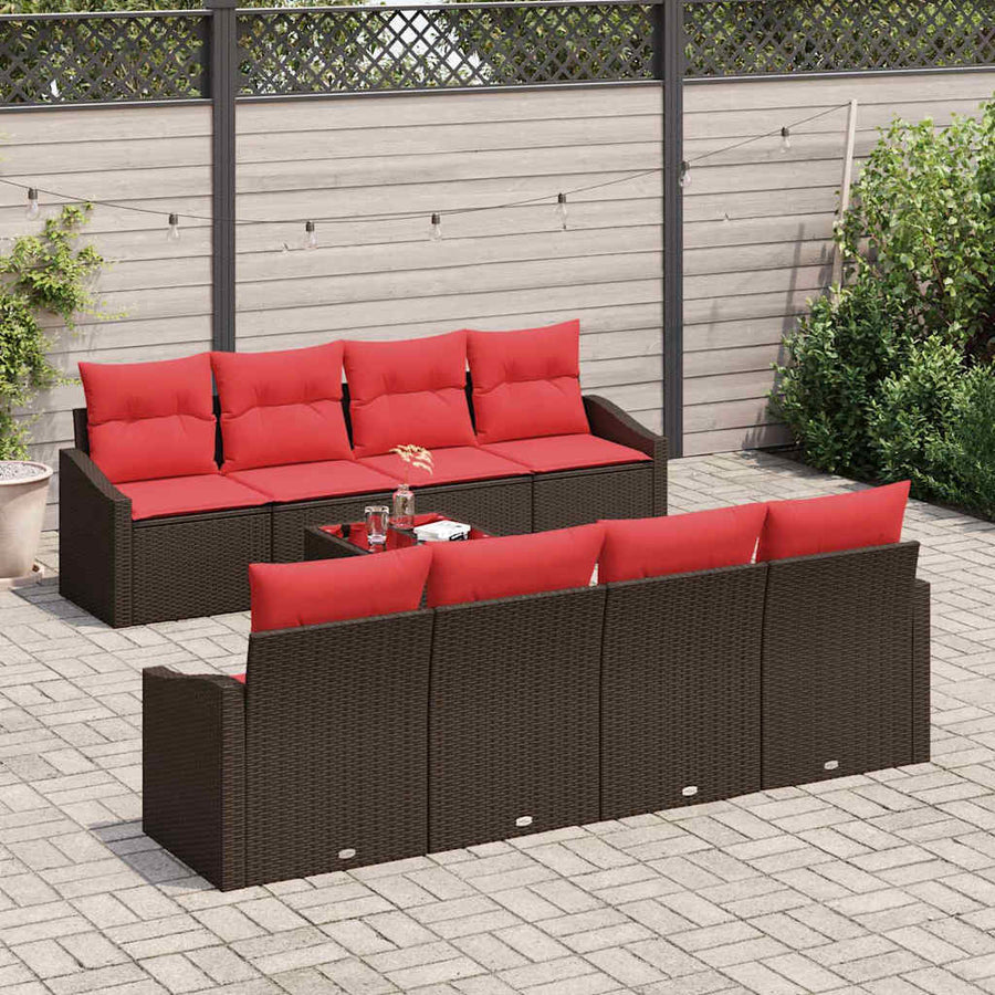 Bankstel 9 st 3-Aantal zitplaatsen Bruin en Rood poly rattan