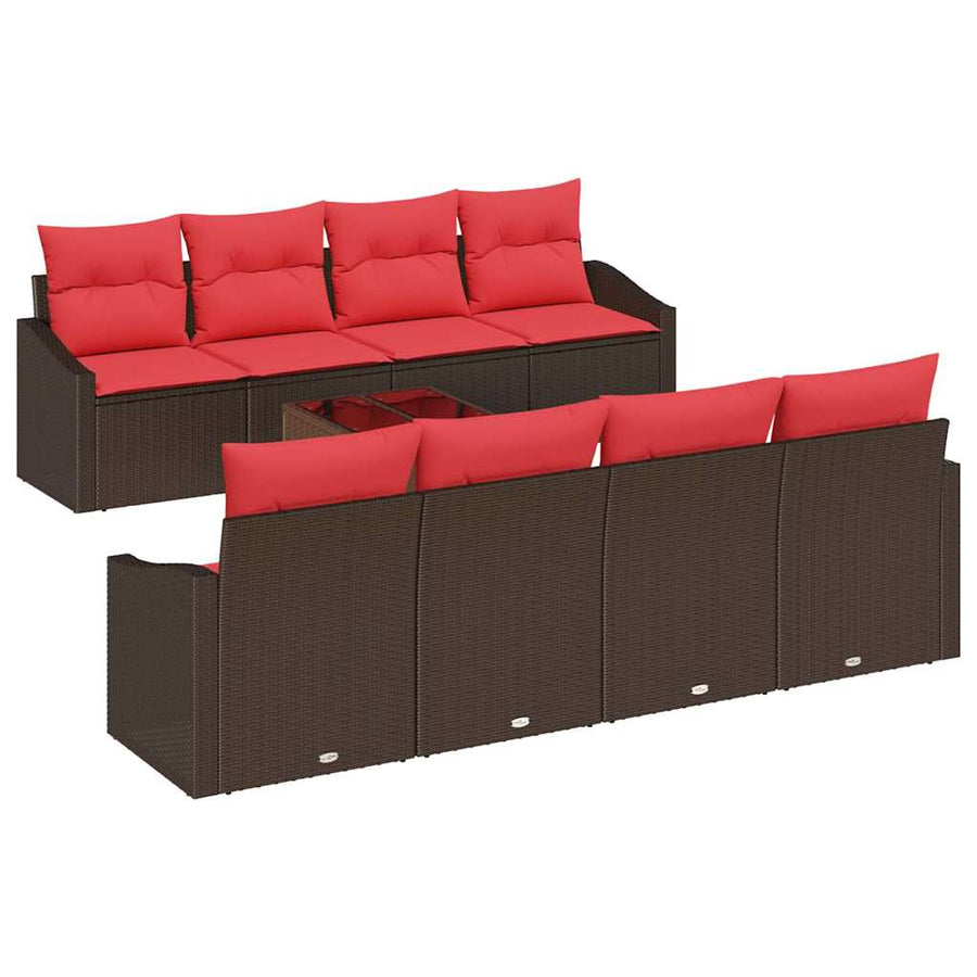 Bankstel 9 st 3-Aantal zitplaatsen Bruin en Rood poly rattan