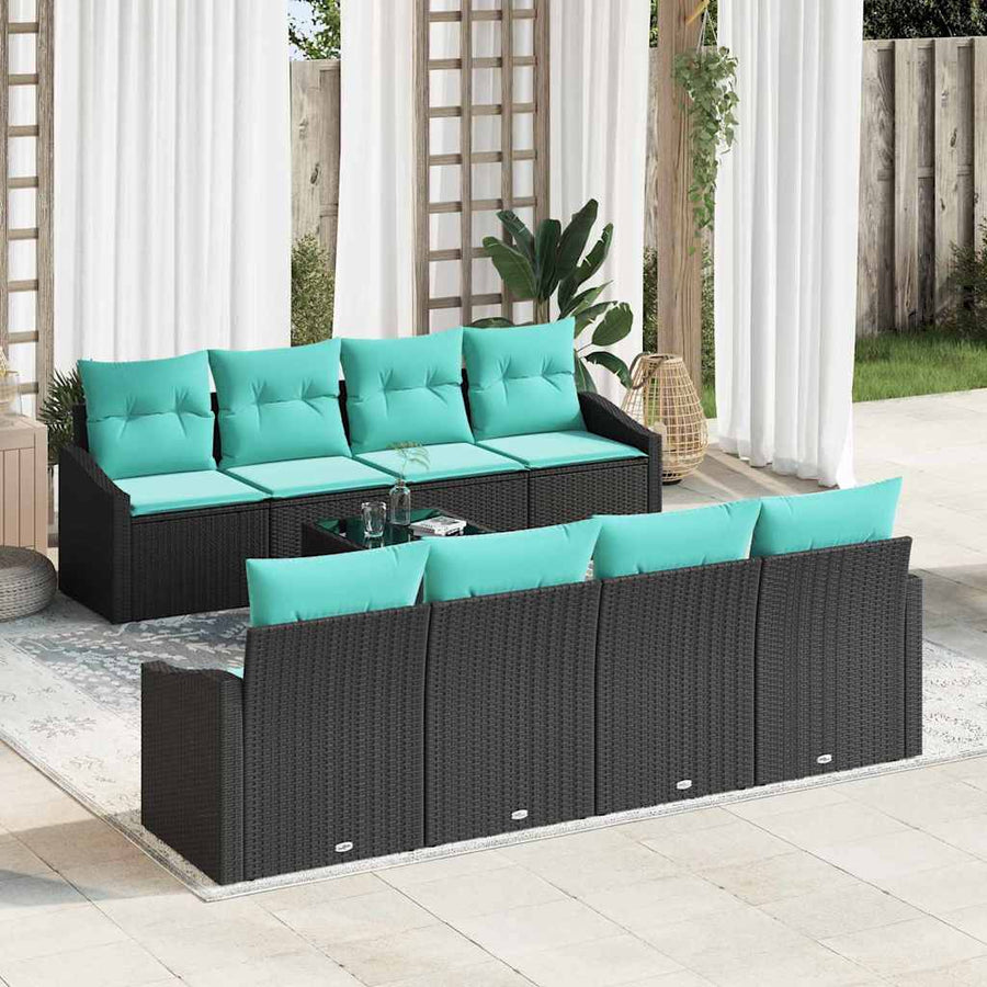 Bankstel met kussen 9 pcs Zwart en Turquoise poly rattan