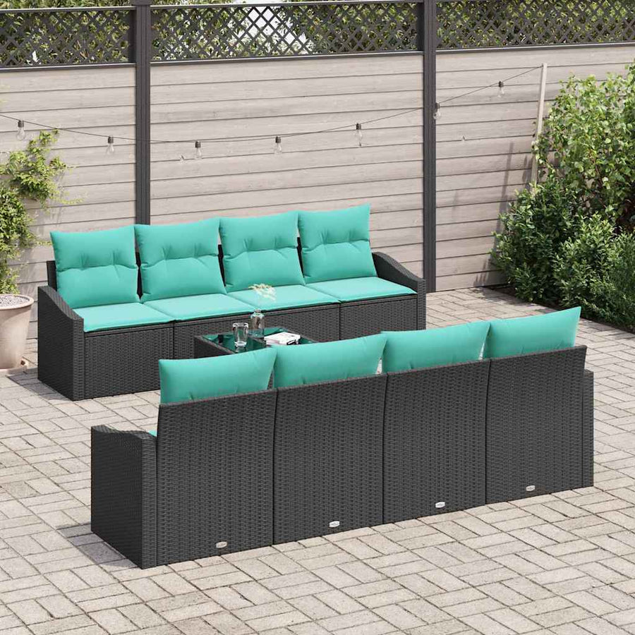 Bankstel met kussen 9 pcs Zwart en Turquoise poly rattan