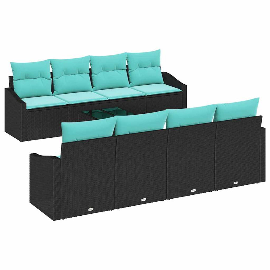 Bankstel met kussen 9 pcs Zwart en Turquoise poly rattan