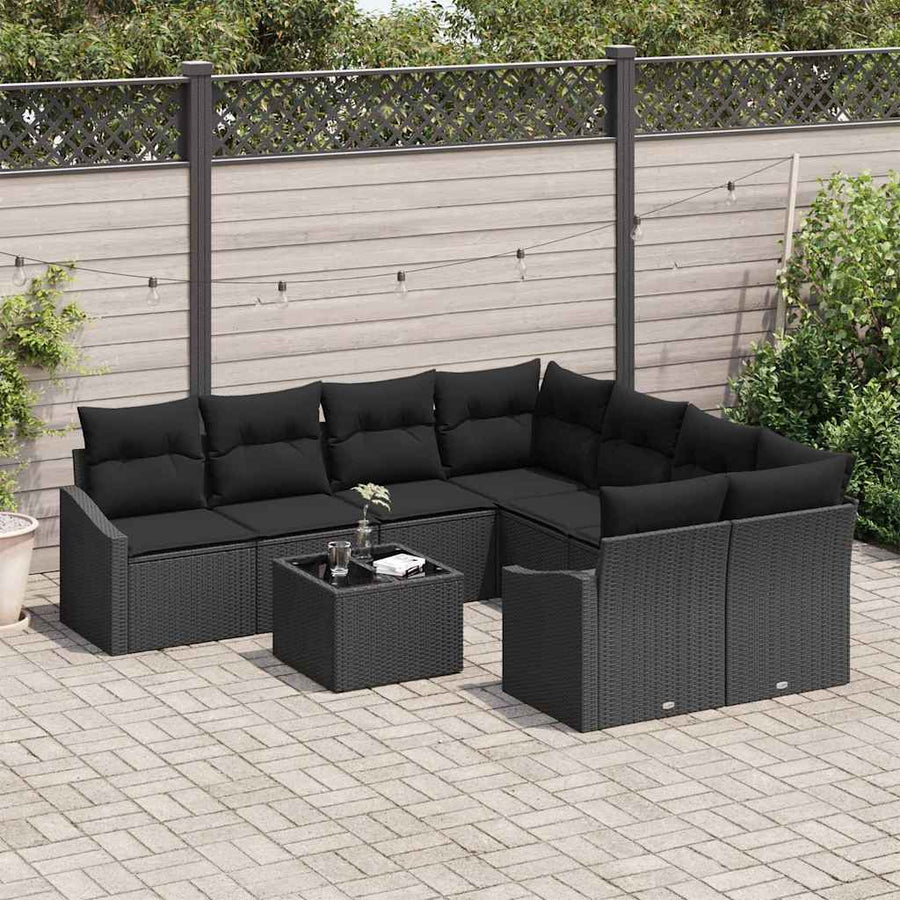 Bankstel met kussen met kussen 9 pcs Zwart poly rattan