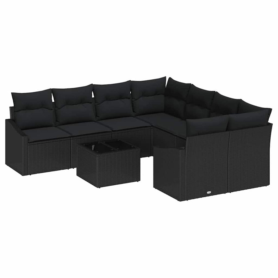 Bankstel met kussen met kussen 9 pcs Zwart poly rattan