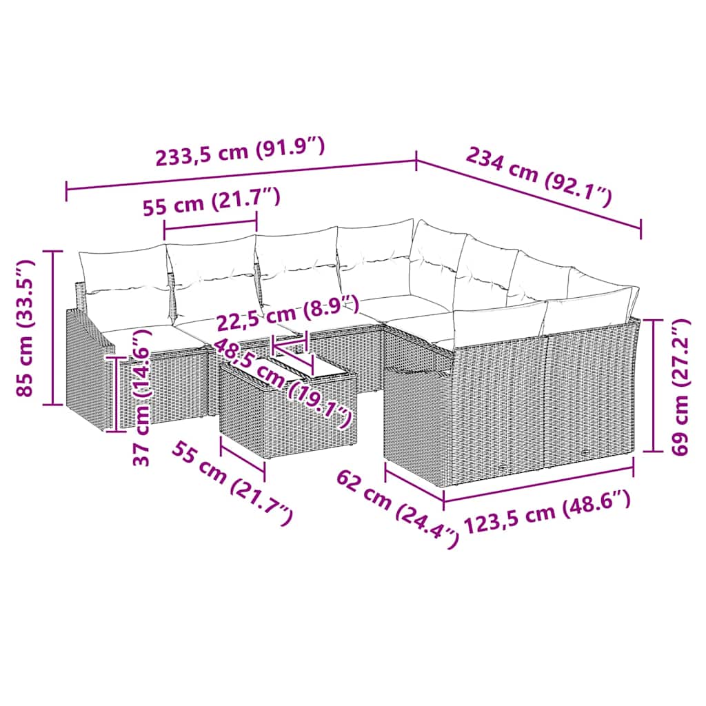 Bankstel met kussen met kussen 9 pcs Zwart poly rattan