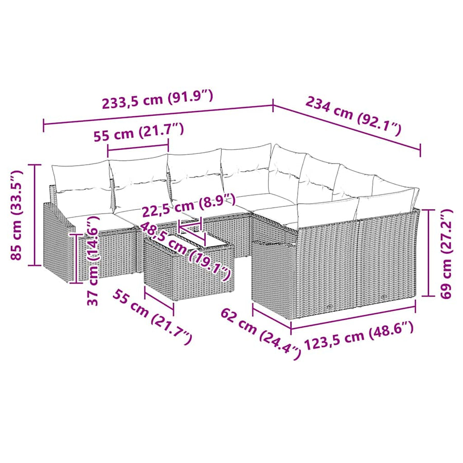 Bankstel met kussen met kussen 9 pcs Zwart poly rattan