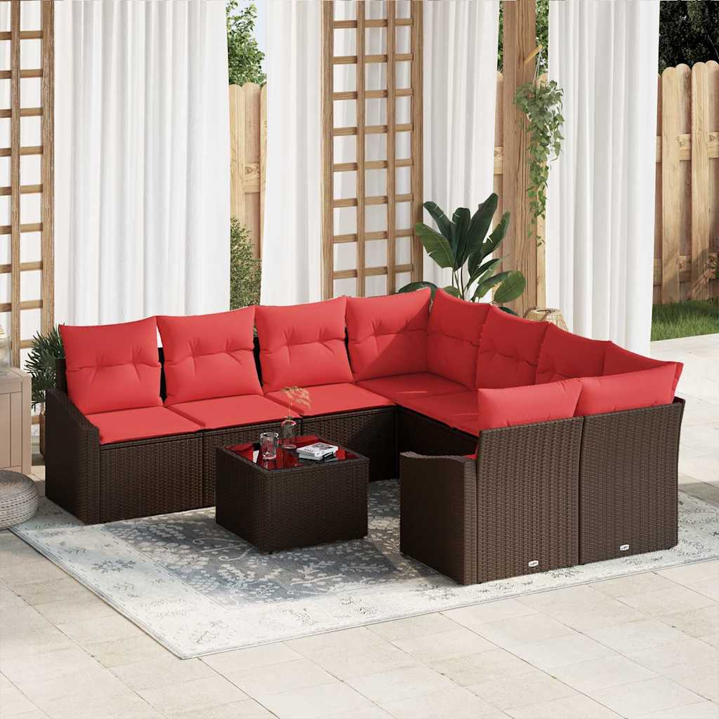Bankstel 9 st 3-Aantal zitplaatsen Bruin en Rood poly rattan