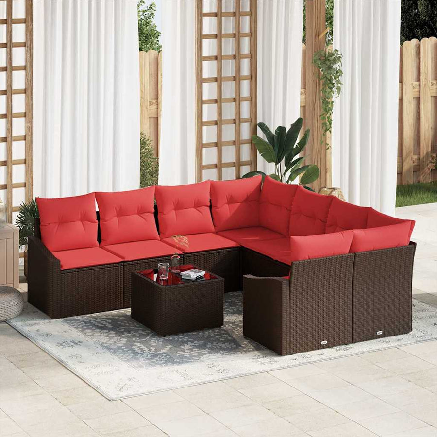 Bankstel 9 st 3-Aantal zitplaatsen Bruin en Rood poly rattan