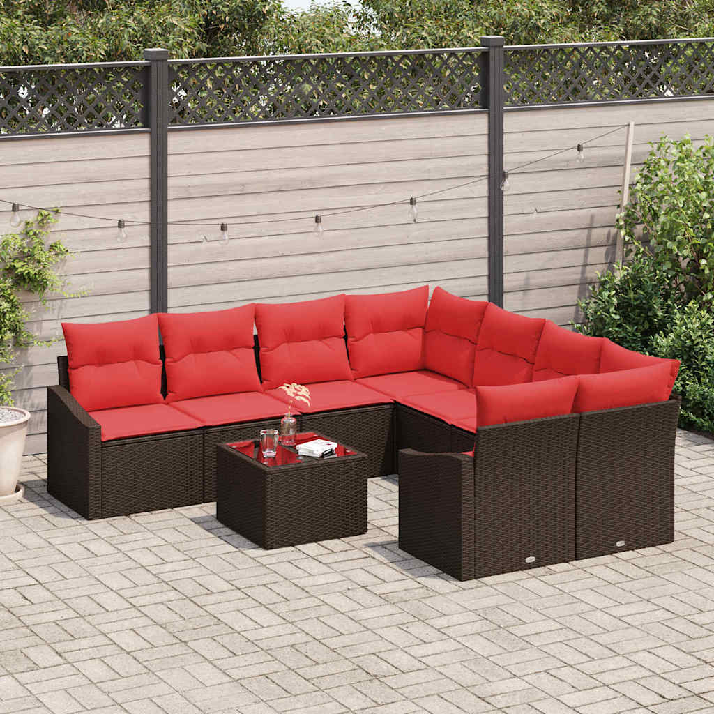 Bankstel 9 st 3-Aantal zitplaatsen Bruin en Rood poly rattan