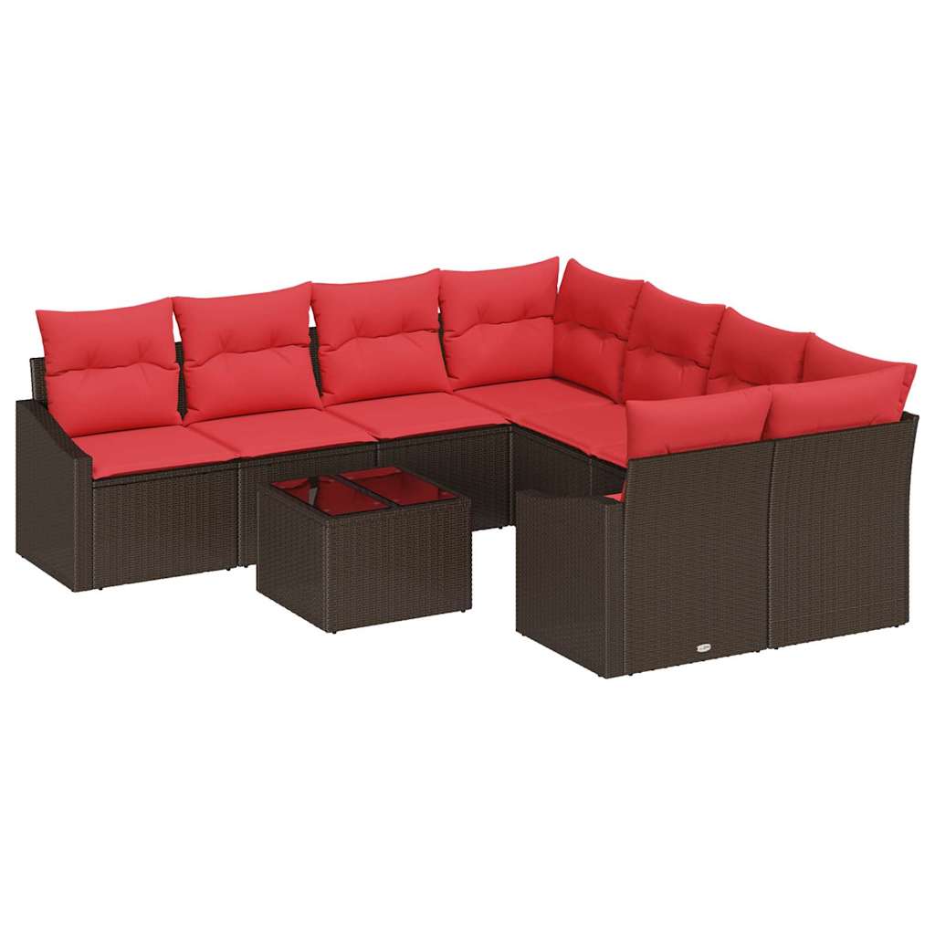 Bankstel 9 st 3-Aantal zitplaatsen Bruin en Rood poly rattan