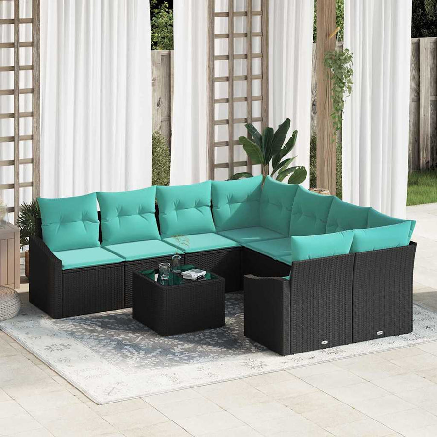 Bankstel met kussen 9 pcs Zwart en Turquoise poly rattan