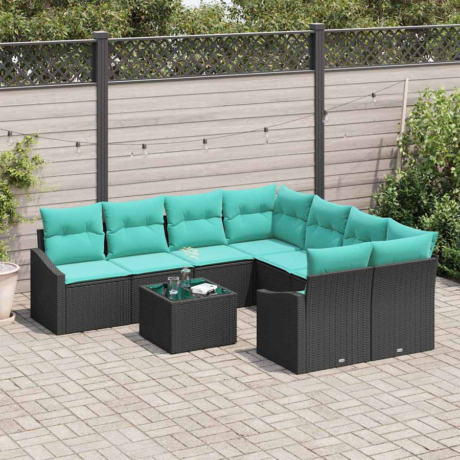 Bankstel met kussen 9 pcs Zwart en Turquoise poly rattan