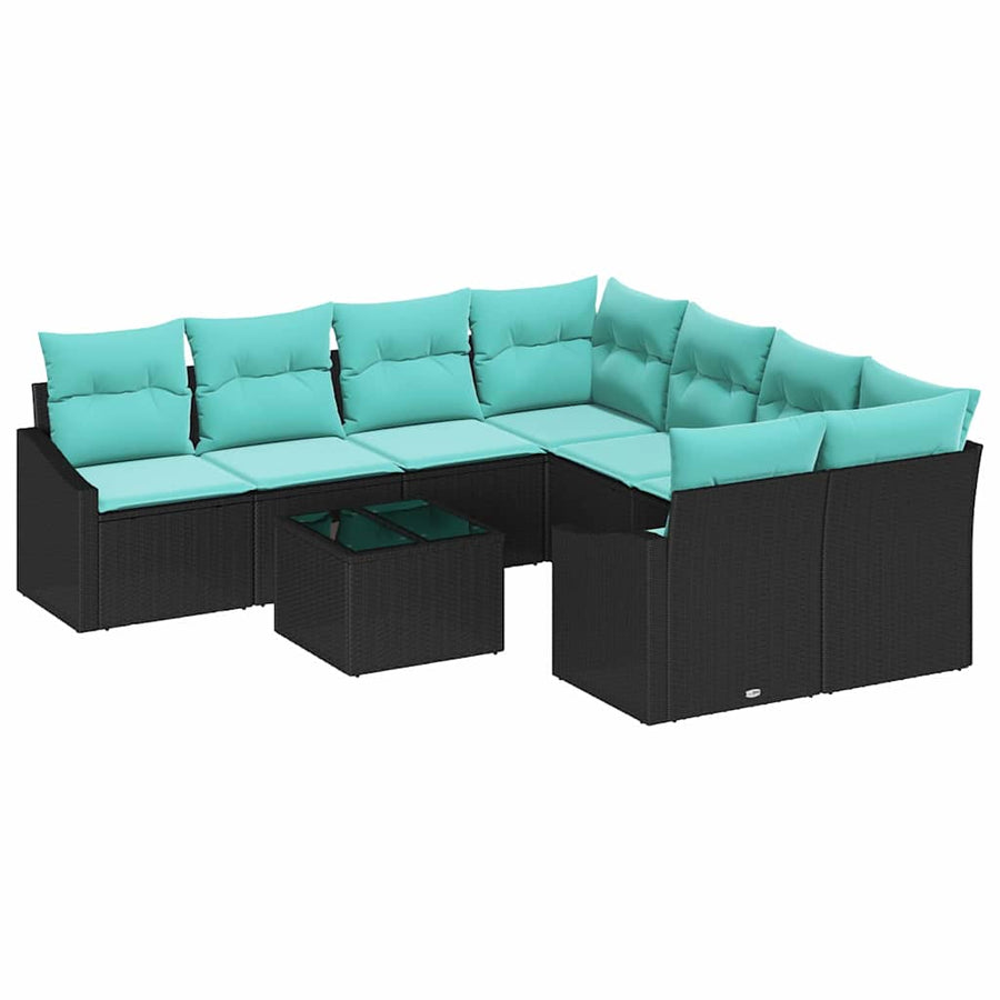 Bankstel met kussen 9 pcs Zwart en Turquoise poly rattan