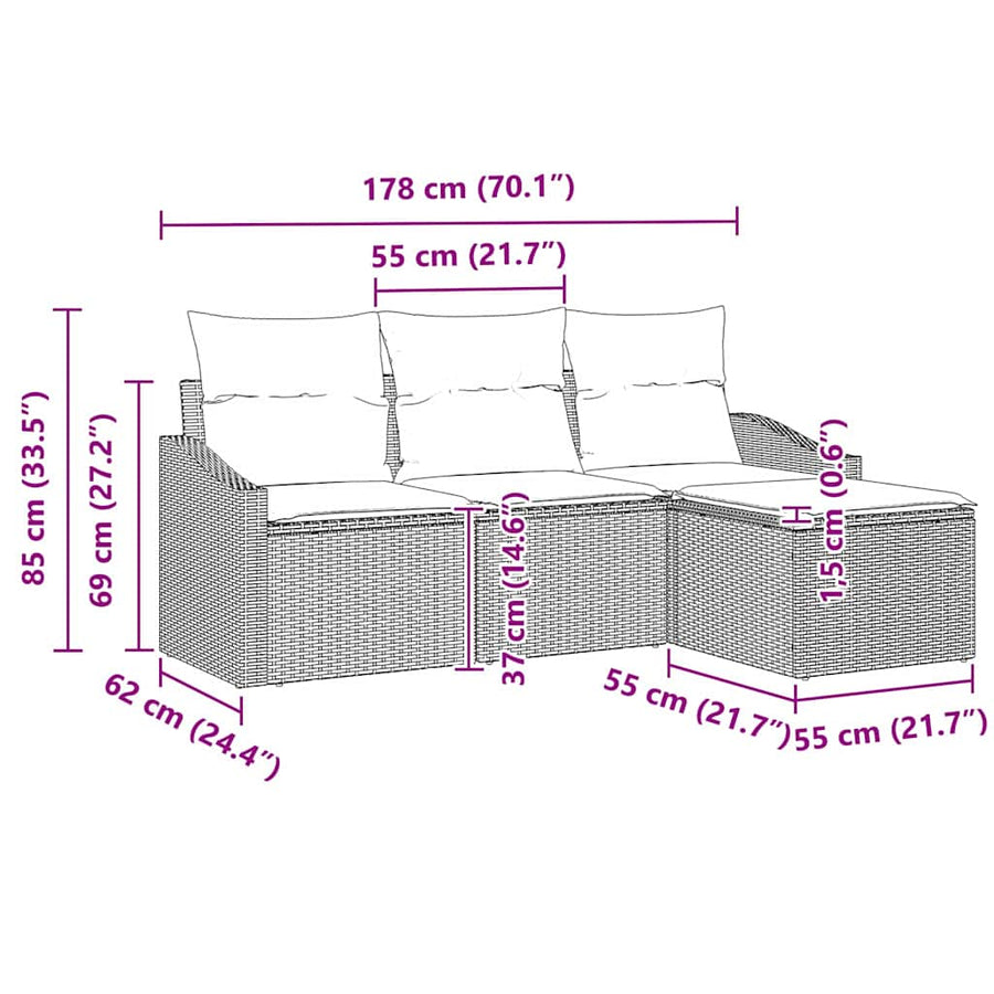 Bankstel met kussen 4 pcs Zwart poly rattan
