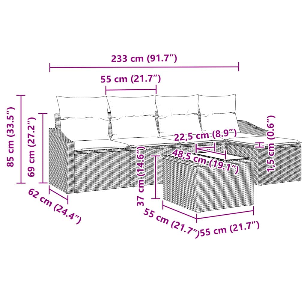 Bankstel met kussen 6 pcs Zwart poly rattan