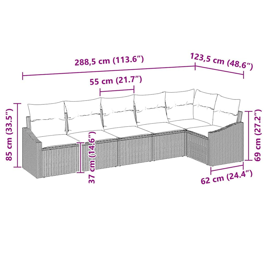 Bankstel met kussen 6 pcs Lichtgrijs poly rattan