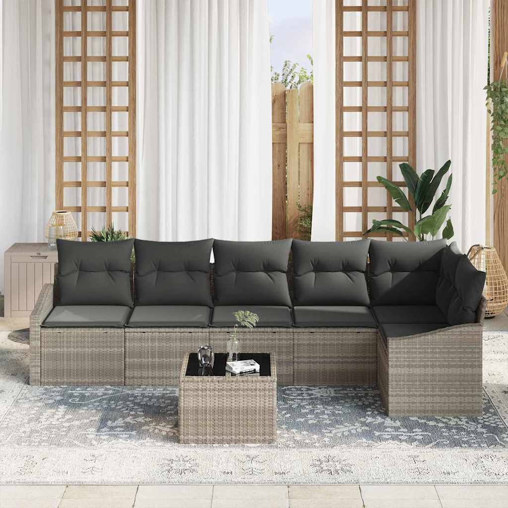 Bankstel met kussen 7 pcs Lichtgrijs poly rattan
